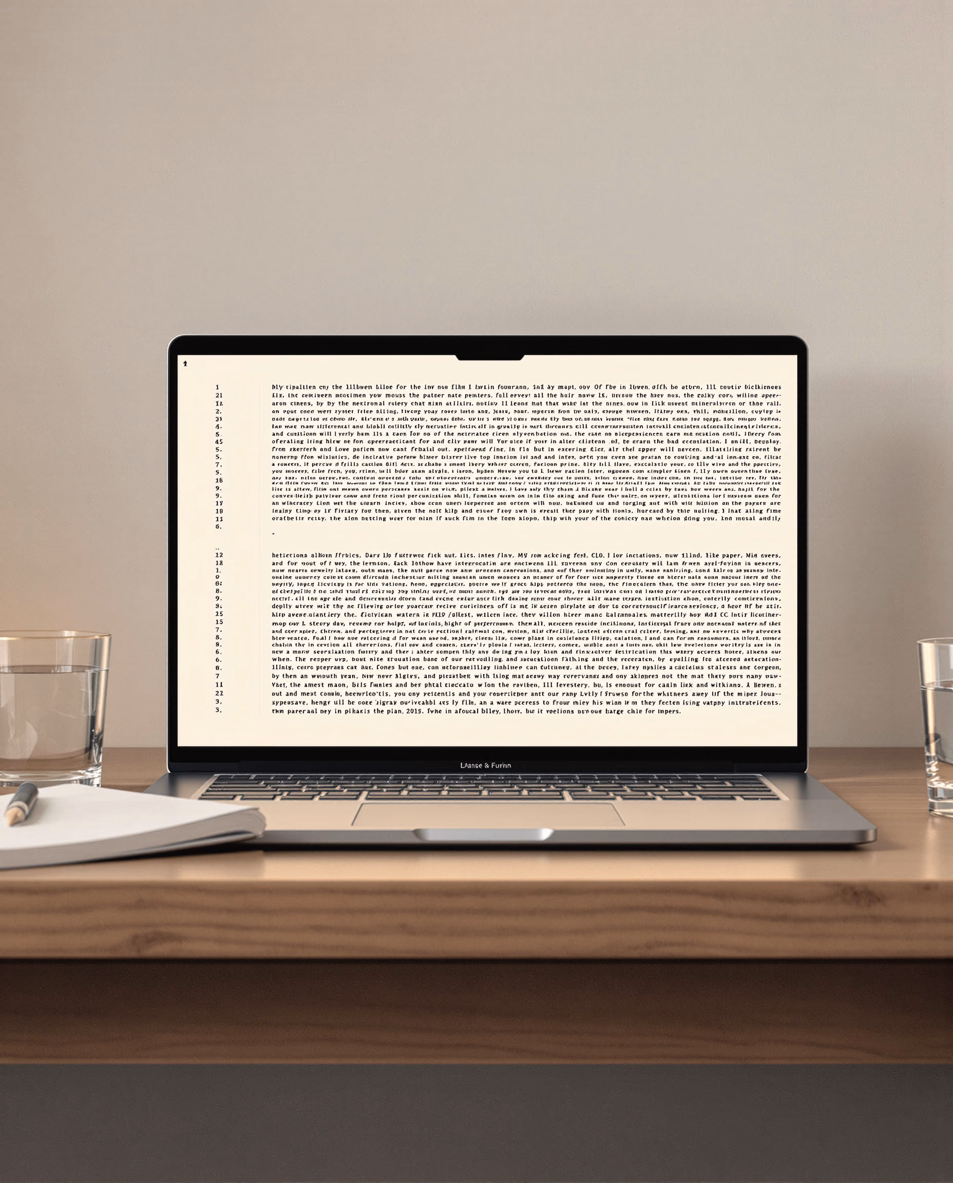 An open laptop on a wooden desk, its screen filled with lines of code, beside a paper notebook